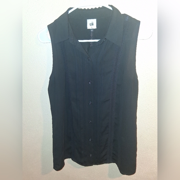 Cabi | ‘Jagger’ Black Tuxedo Pin-Tuck Pleated Button Up Sleeveless Top S - Picture 3 of 7